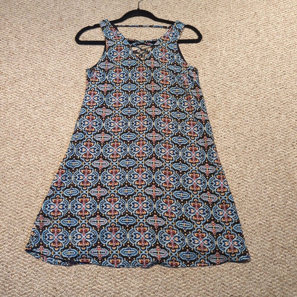 Pink Rose Sleeveless Shift Dress Women Small Black Blue Boho Tile Criss Cross